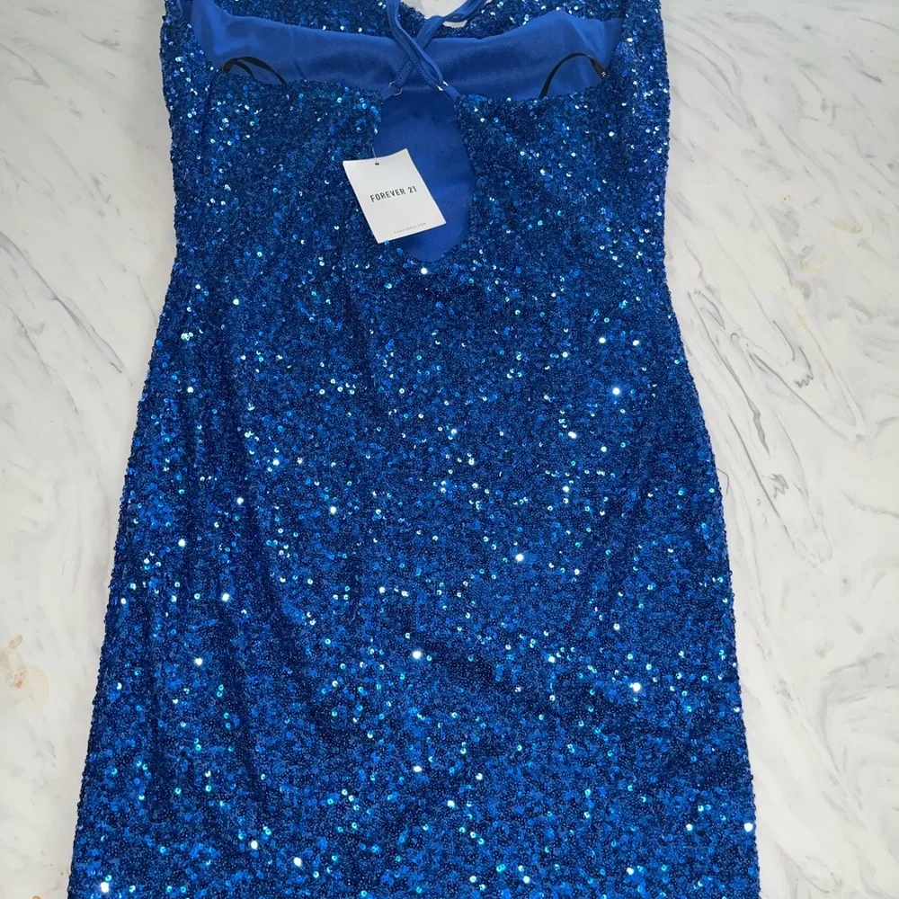 Forever 21 sequin mini dress l royal blue cocktail sparkle new nwt short drape - Picture 3 of 4